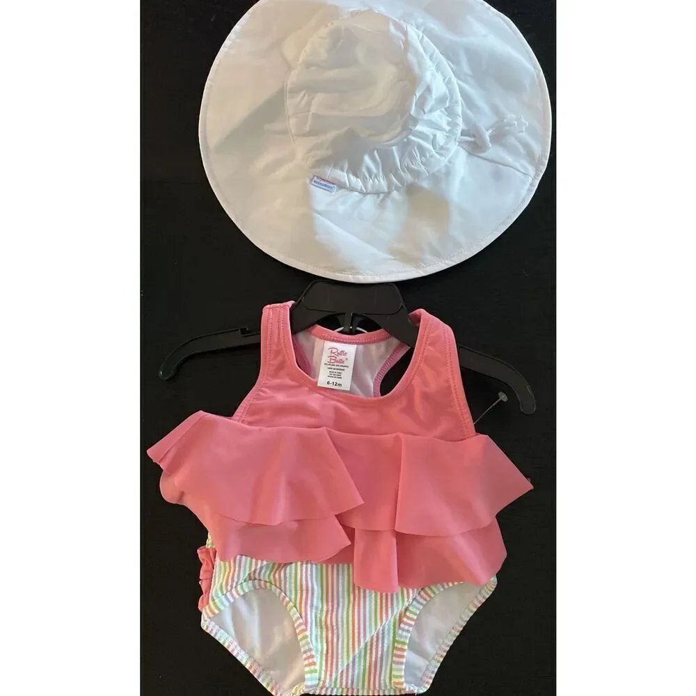 Girl's Ruffle Butts Safari  3 Piece set  Flounce Bikini  + Swim Hat 6-12 Months